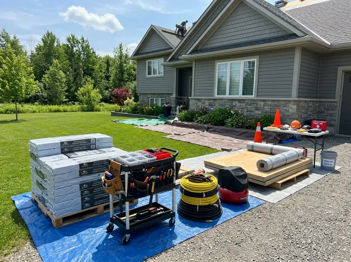 Tools, fasteners and bundles of shingles laid out neatly on a tarp at the start of a roofing job.