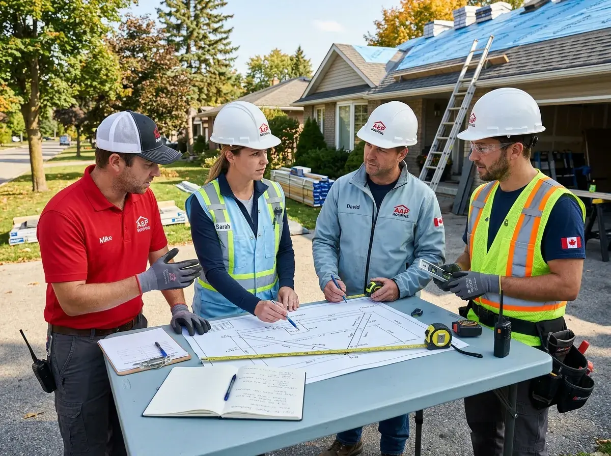 A&P Roofing crew reviewing project plans and measurements at the start of a roof replacement.
