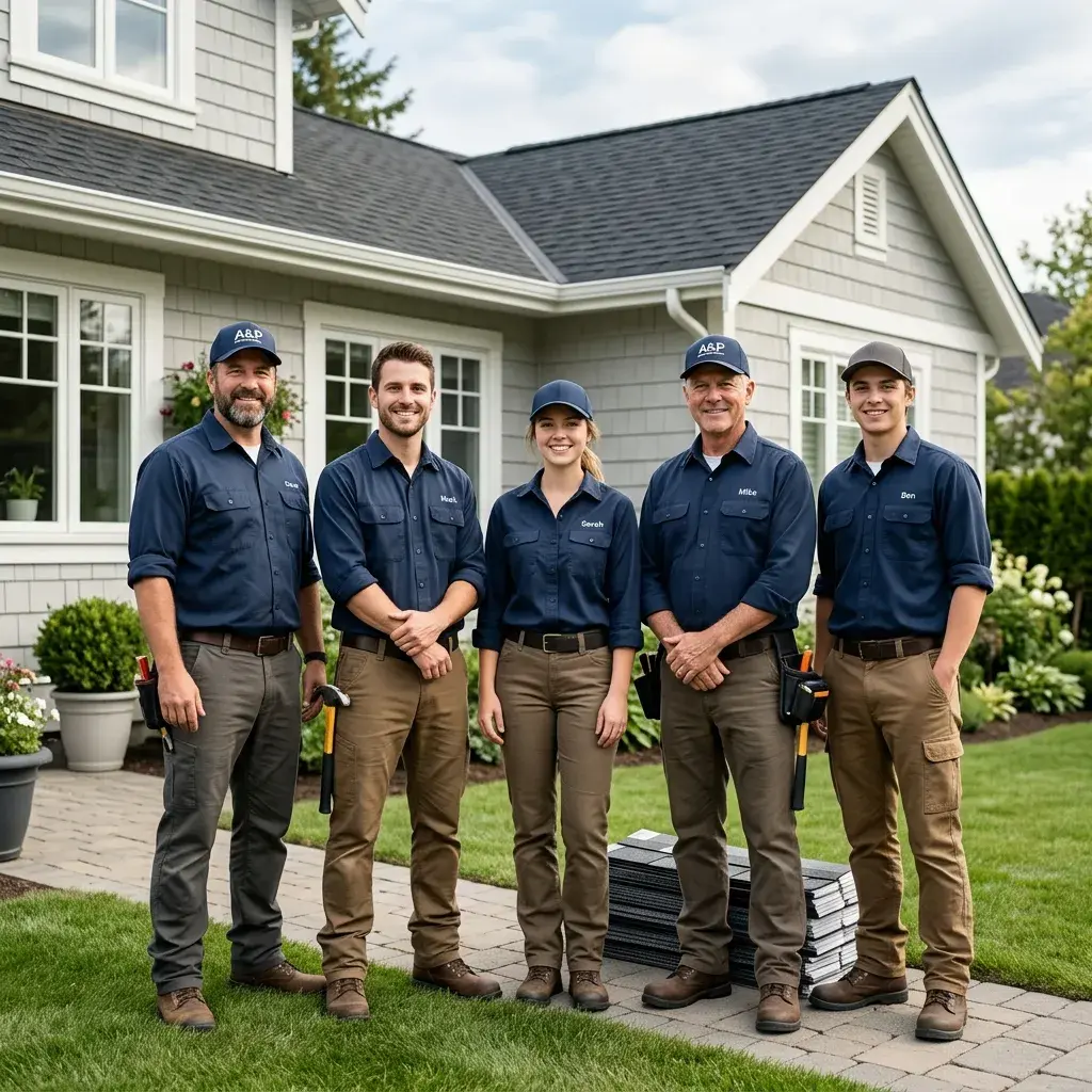 A&P Roofing team portrait — friendly, uniformed crew ready for a project.
